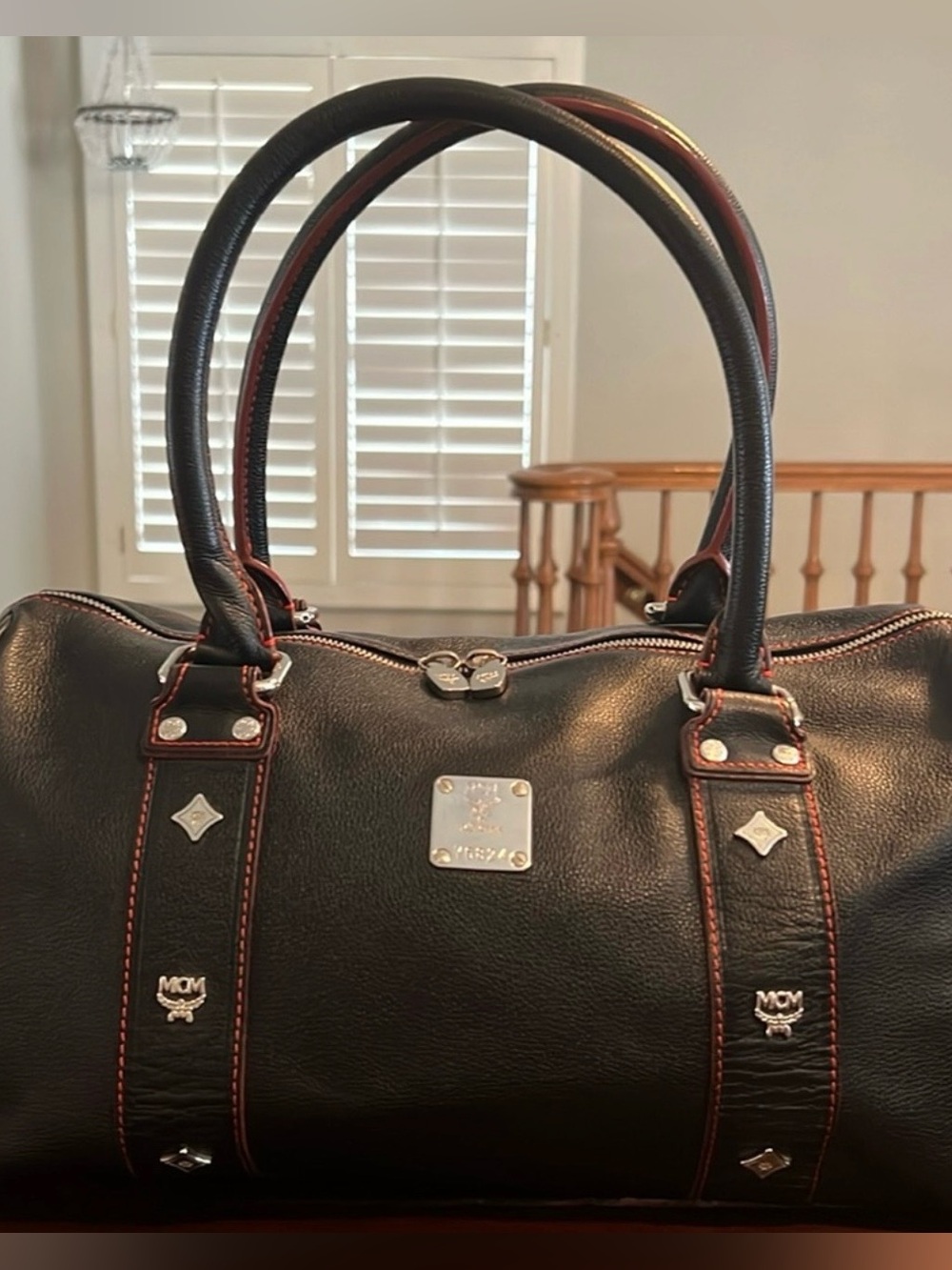 MCM Boston Black Leather Shoulder Bag EUC